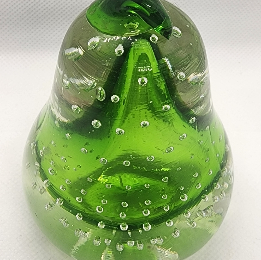 Glass Paperweight Pear Shape Green & Clear Glass with Air Bubbles - Picture 8 of 10